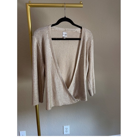 NIC+ZOE Sweaters - NIC+ZOE Gold Metallic Sequin Wrap Cardigan XL Quiet Luxury Holiday Festive
